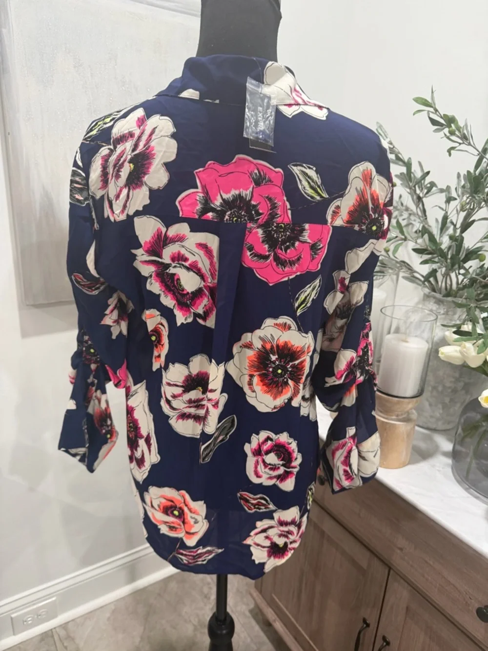 NWT Express Button-Down Shirt with Pink, White, and Orange Floral Print - Picture 3 of 8
